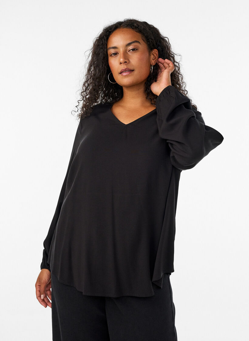 Blouse en viscose avec col en V et manches longues, Noir, Model image number 0