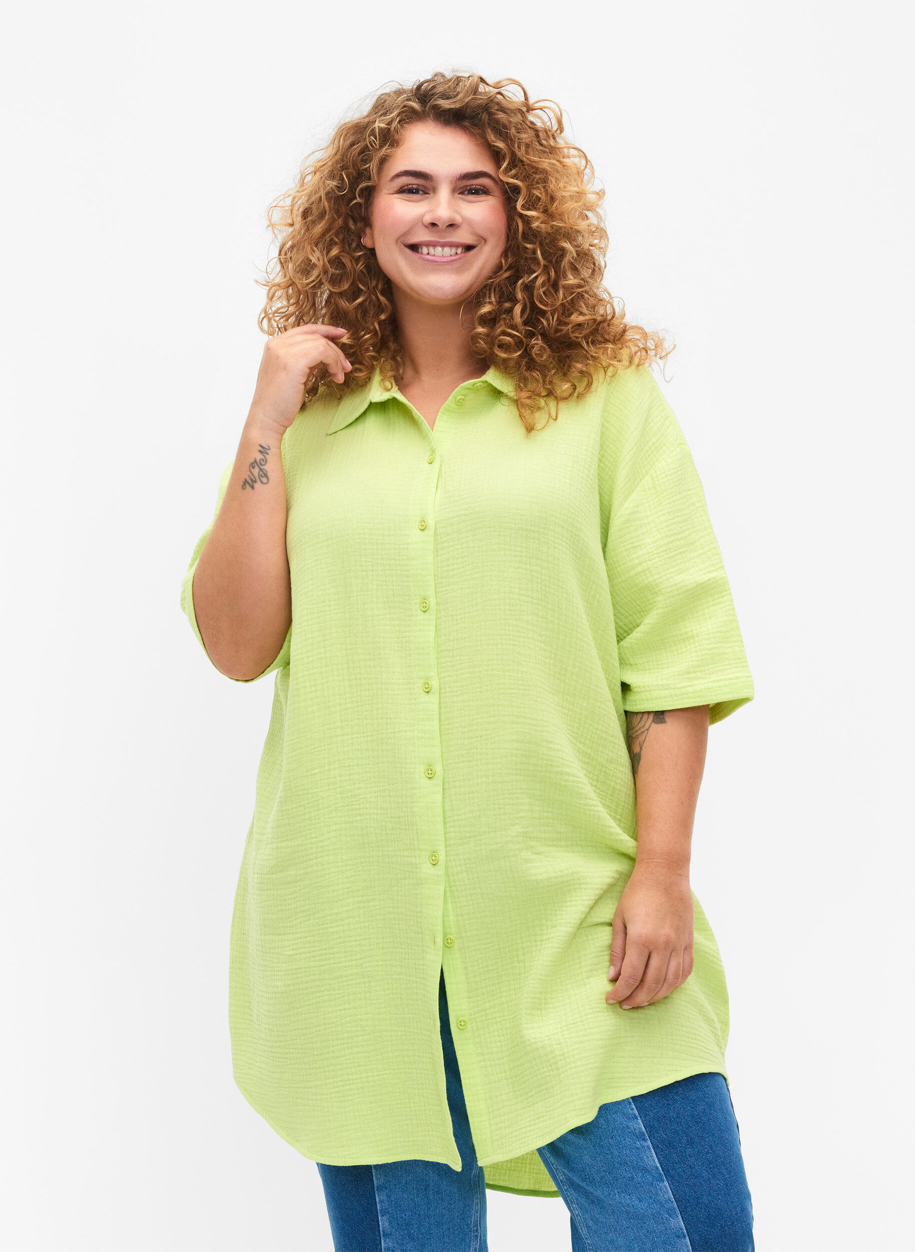 Zizzi Chemise en coton &agrave; manches mi-longues, Wild Lime, Model image number 0
