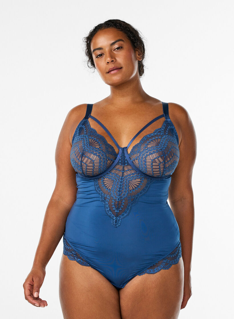 Body en dentelle &agrave; armatures avec d&eacute;tails de lani&egrave;res, Bleu, Model image number 0