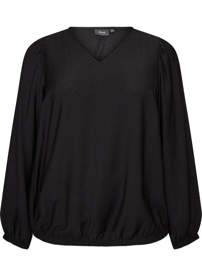 Blouse en viscose &agrave; col V et coupe ballon, Noir, Packshot image number 0