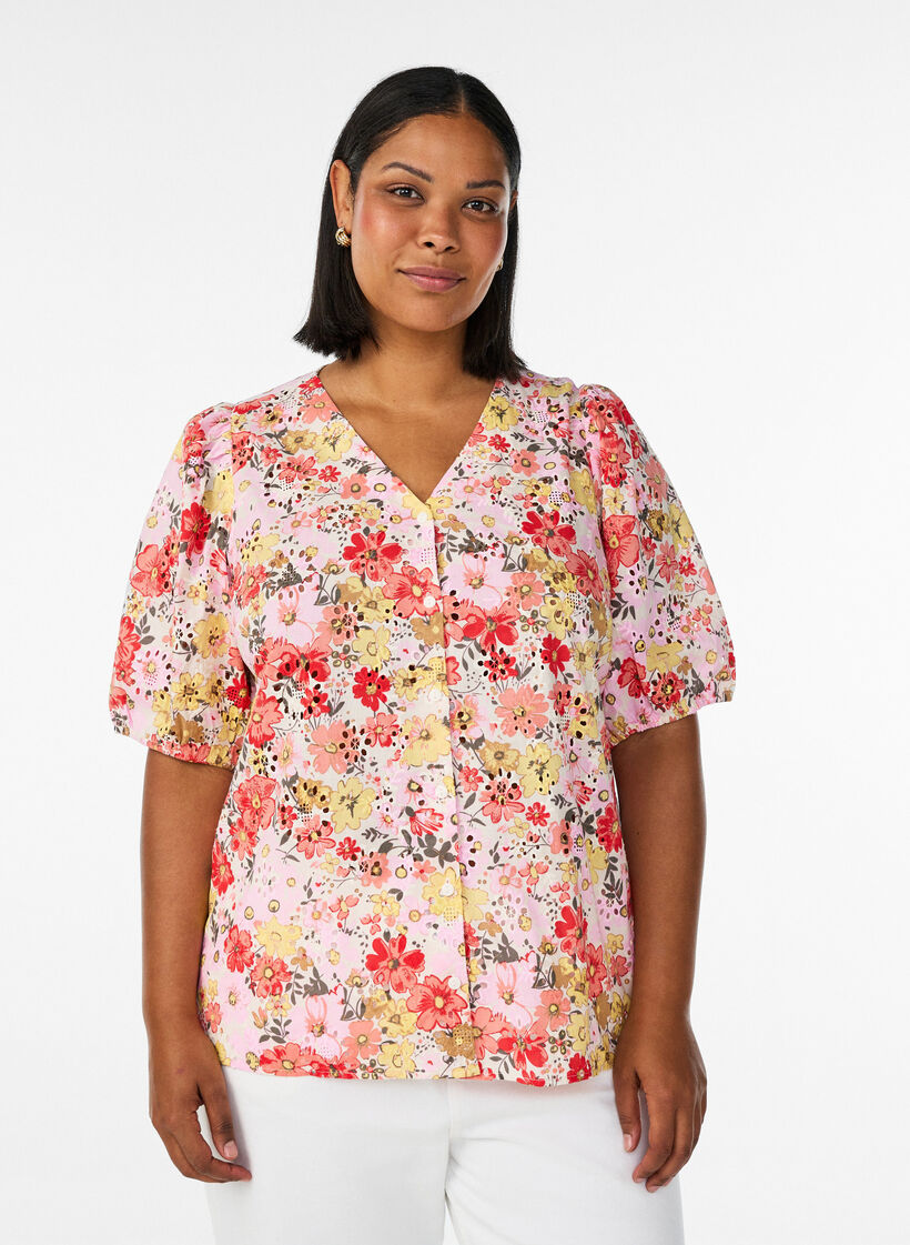 Blouse florale avec broderie ajour&eacute;e et col V, Rose, Model image number 0