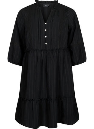 Robe en viscose rayée avec bordures en dentelle et manches 3/4, Black, Packshot image number 0