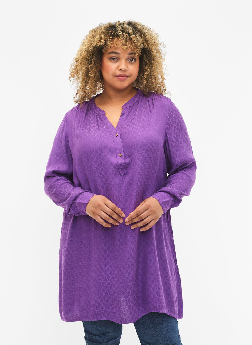 Tunique en viscose à motif ton sur ton, Lavender Violet, Model image number 0