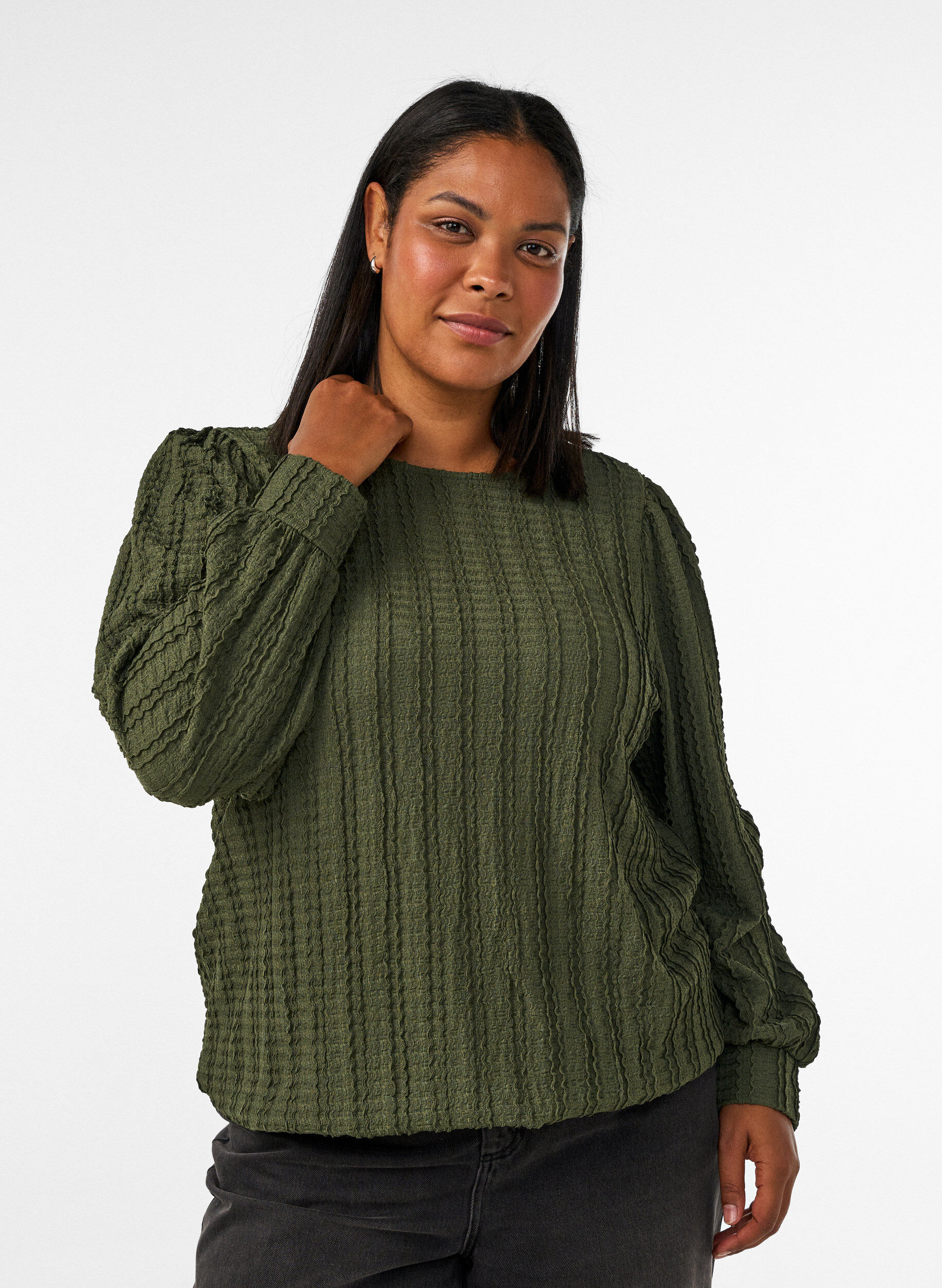 ZizziBlouse en jersey textur&eacute; &agrave; la silhouette ballon, Vert, Model image number 0