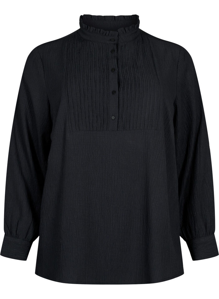 Blouse à manches longues avec col volanté, Black, Packshot image number 0