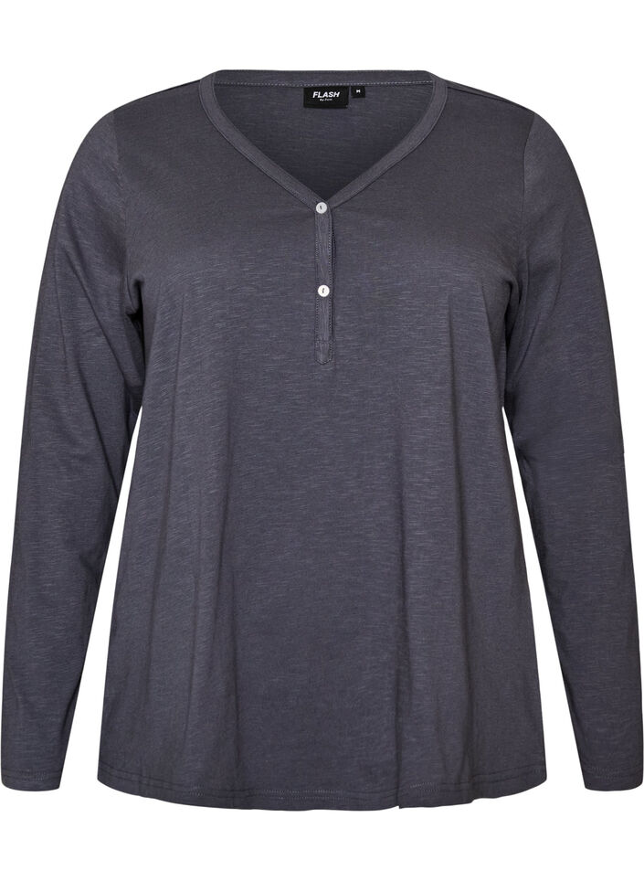 T-shirt &agrave; manches longues avec col V et boutons, Gris bleut&eacute;, Packshot image number 0