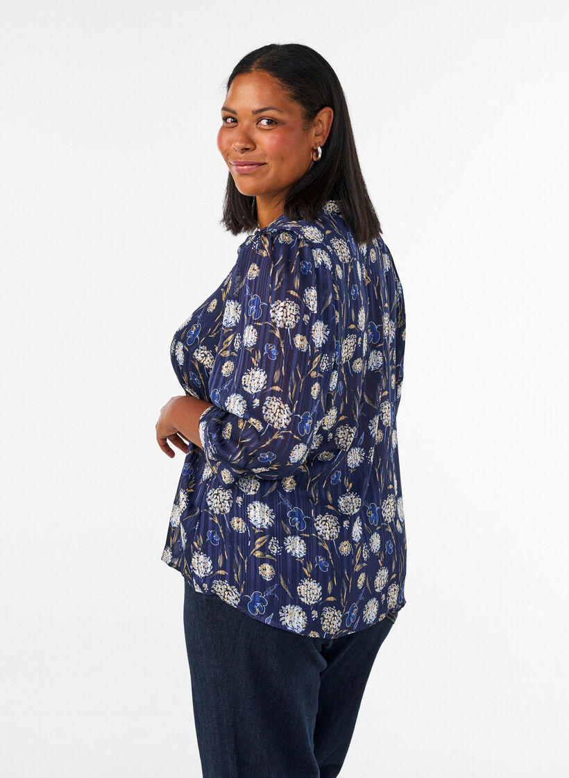 Chemise &agrave; motifs avec col montant et manches 3/4, Bleu, Model image number 2