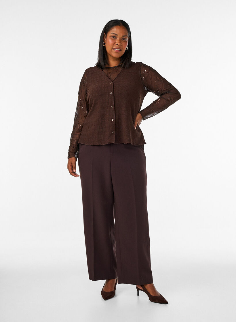 Blouse en mesh avec fleurs et sequins, Marron, Model image number 1