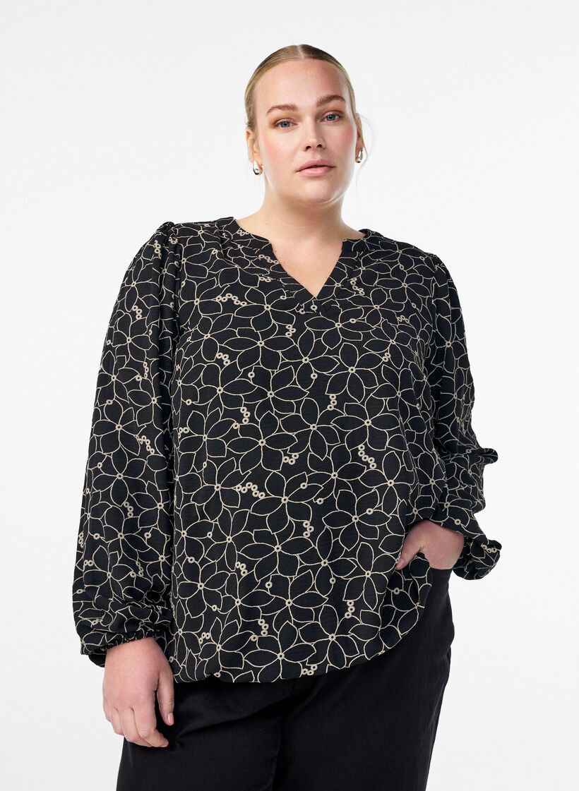 Blouse à manches longues avec broderie florale, Noir, Model image number 0
