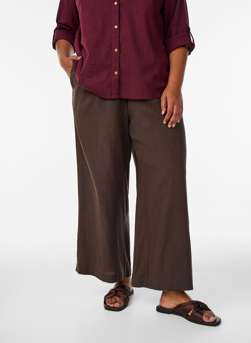 Pantalon large en lin et viscose, Marron, Model