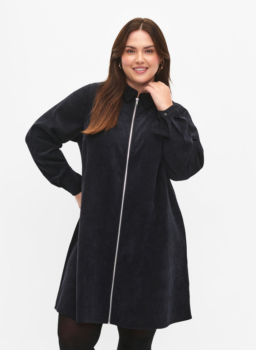 Robe en velours avec fermeture &Eacute;clair et manches 3/4, Noir, Model image number 0