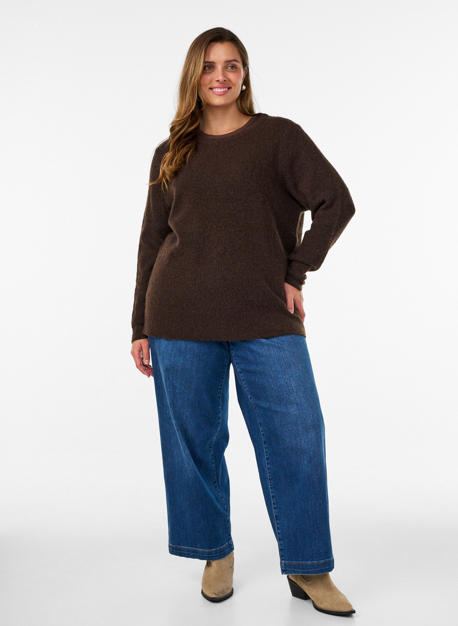ZizziBlouse en maille chin&eacute;e avec col rond, Marron, Model image number 1