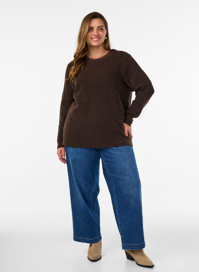 Blouse en maille chin&eacute;e avec col rond, Marron, Model image number 1