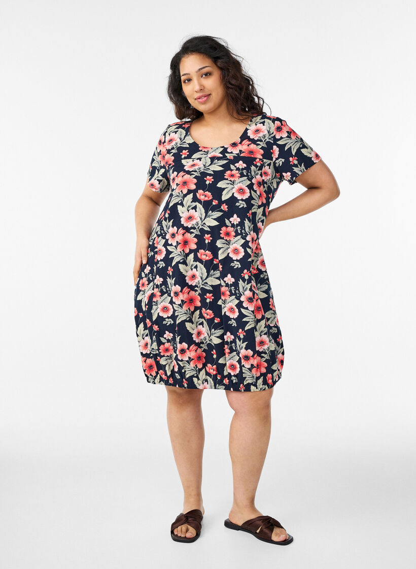 Robe en coton &agrave; manches courtes avec imprim&eacute;, Bleu, Model image number 1