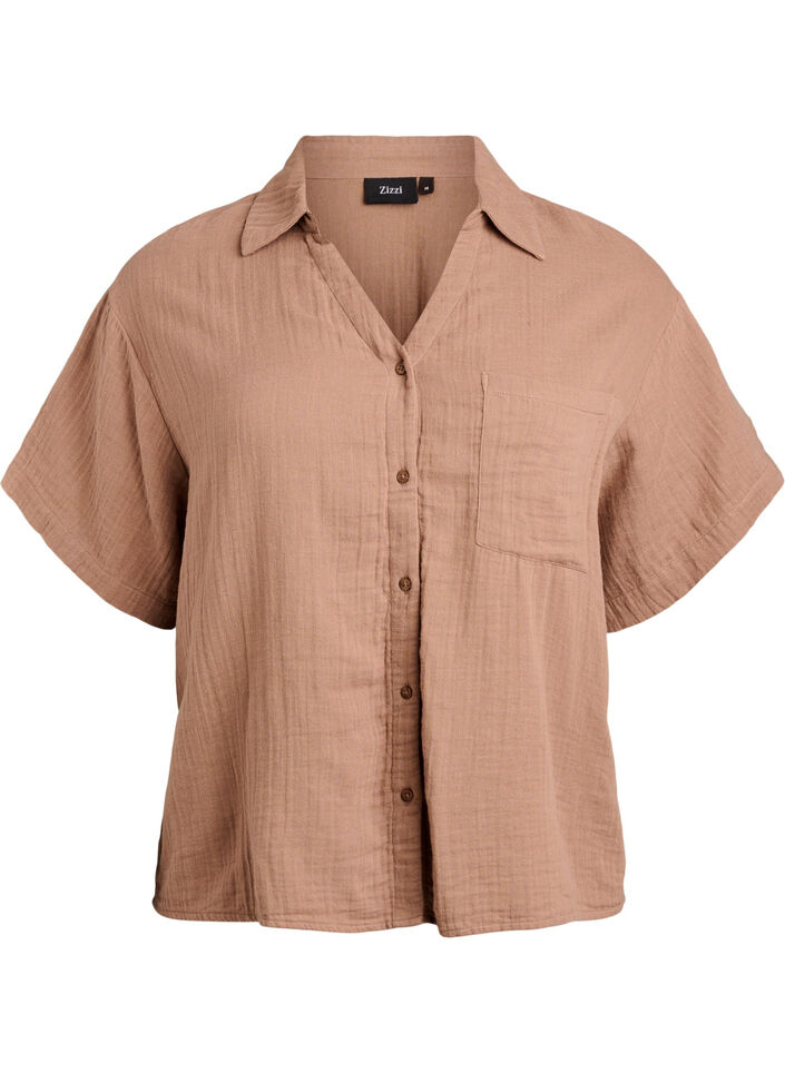 Blouse en mousseline de coton &agrave; manches courtes, Marron, Packshot image number 0