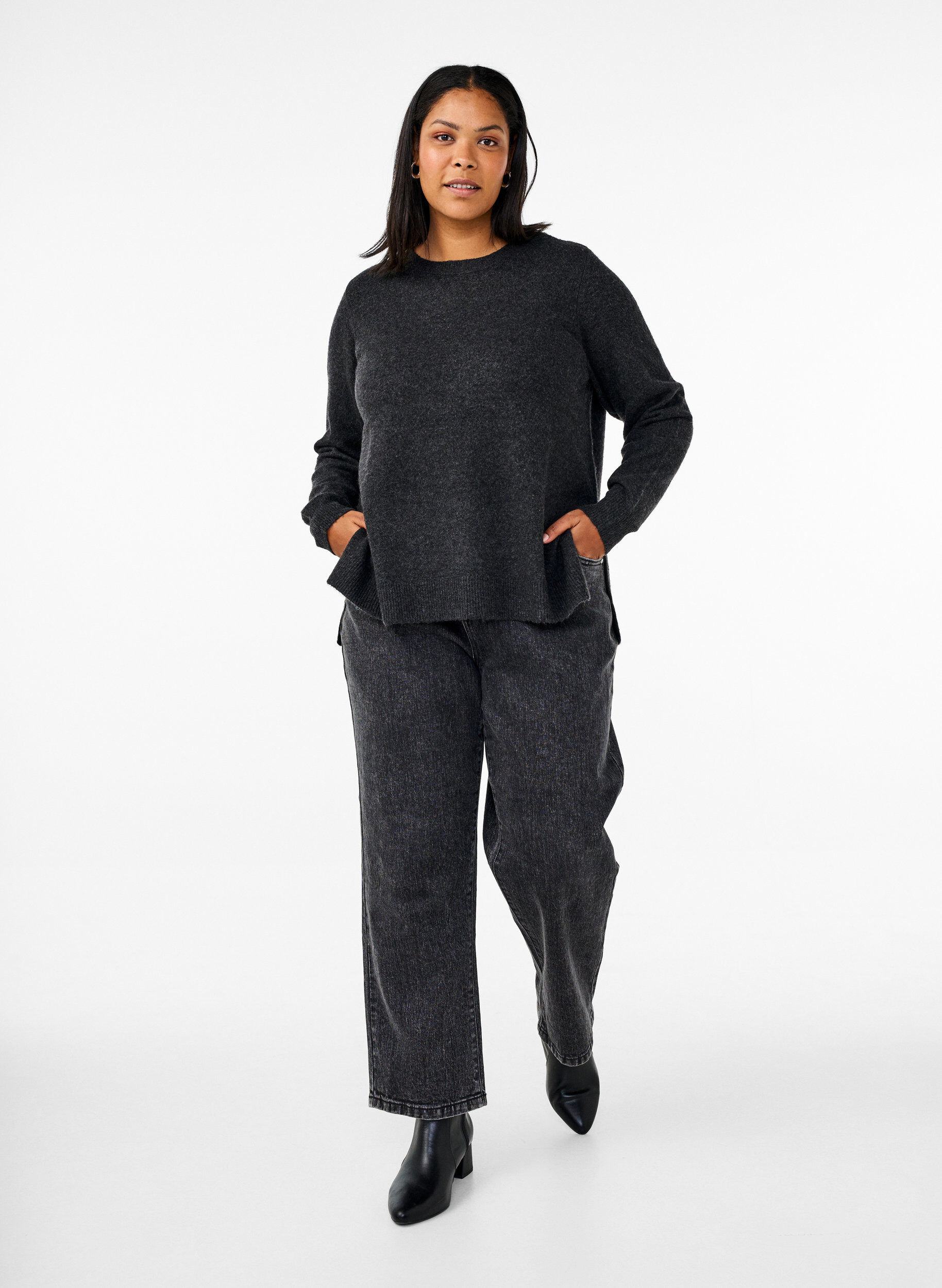 Zizzi Top en maille avec de la laine et des fentes, Dark Grey Melange, Model image number 2