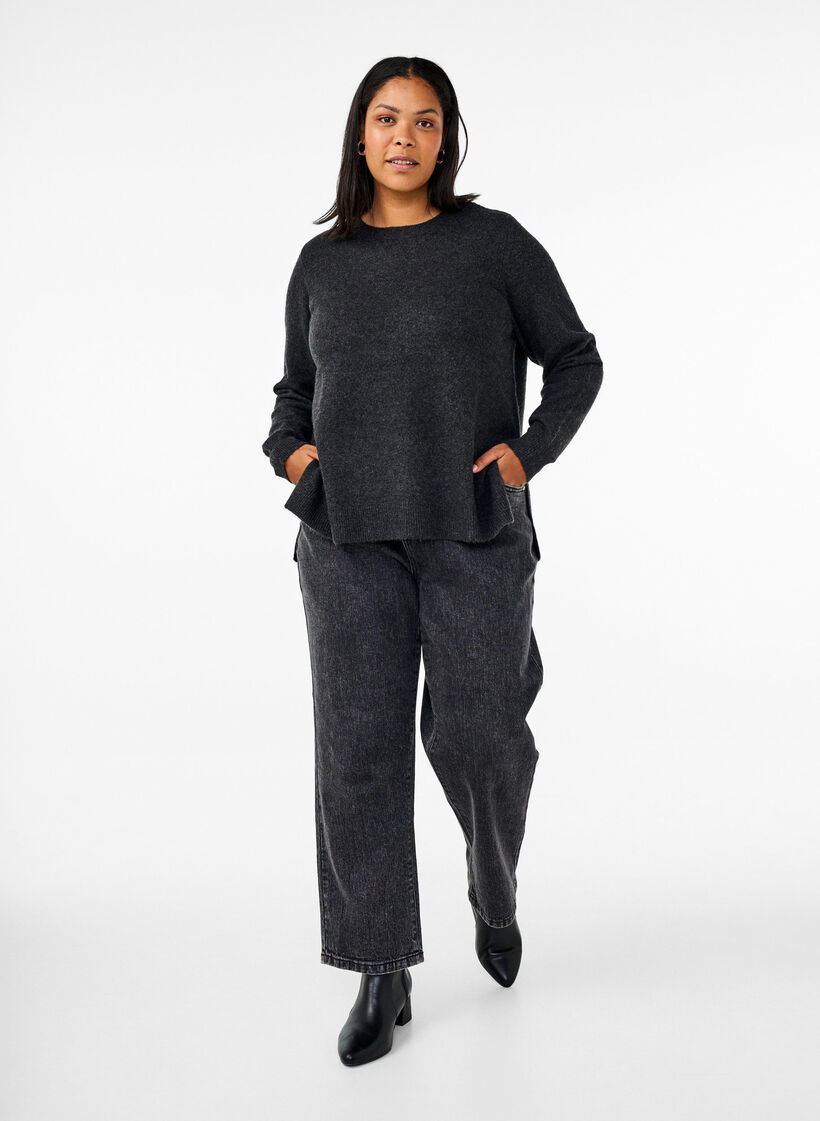 Top en maille avec de la laine et des fentes, Dark Grey Melange, Model image number 2