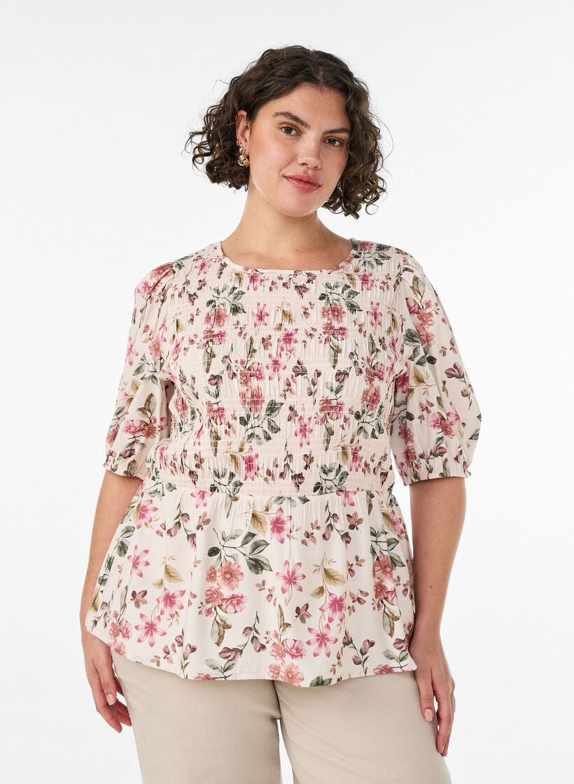 Blouse en viscose avec smocks et effet p&eacute;plum, Vanille, Model image number 0