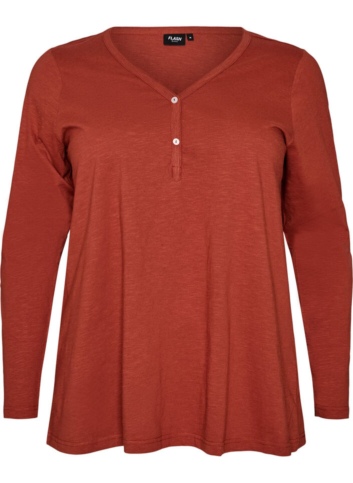T-shirt &agrave; manches longues avec col V et boutons, Marron, Packshot image number 0