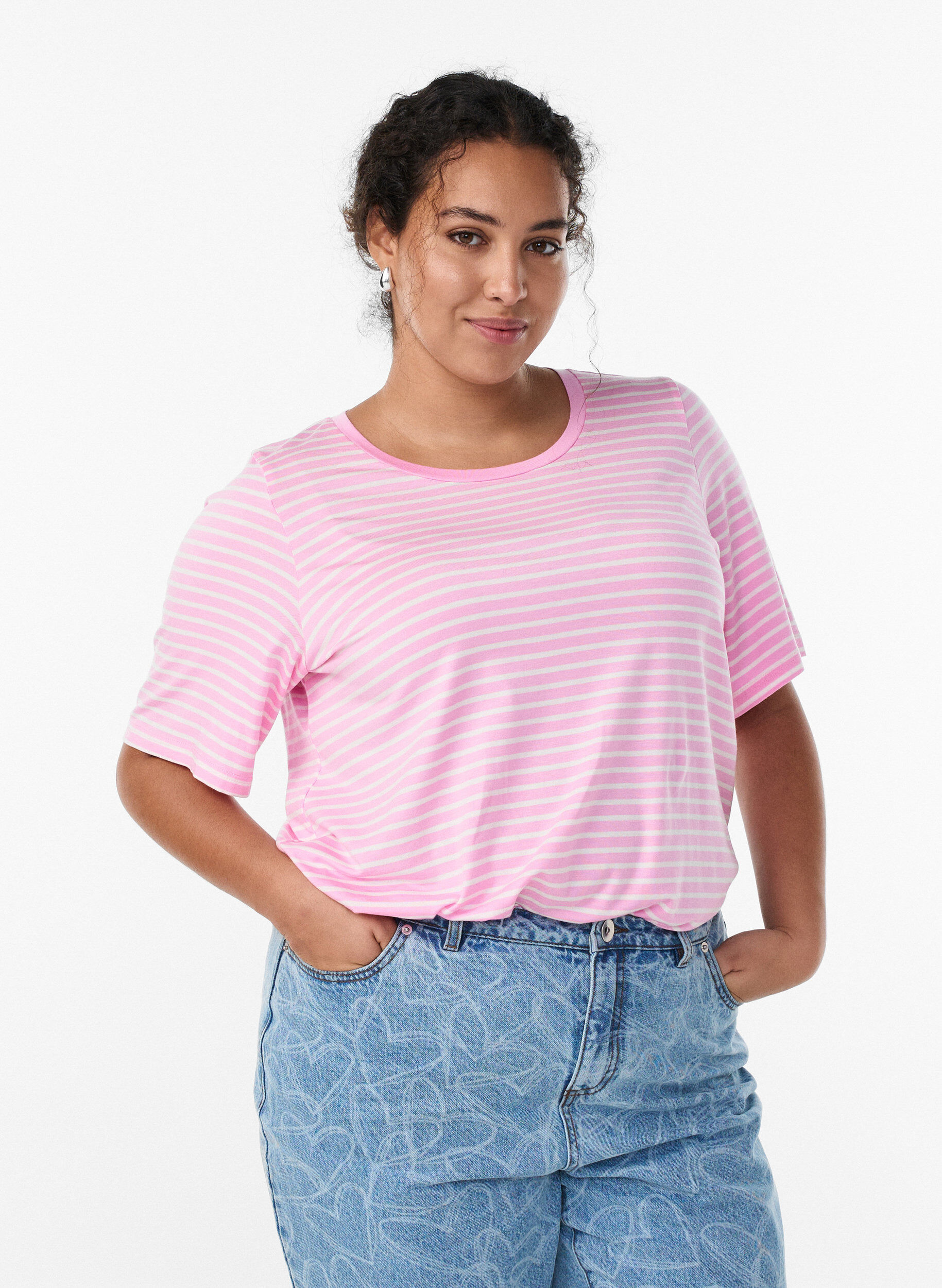 T-shirt en TENCEL&trade; Lyocell &agrave; rayures, Rose, Model