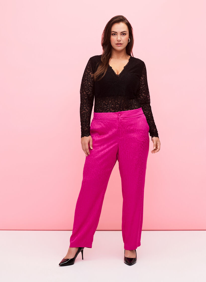 Bodystocking à manches longues en dentelle avec col en V, Black, Model image number 2