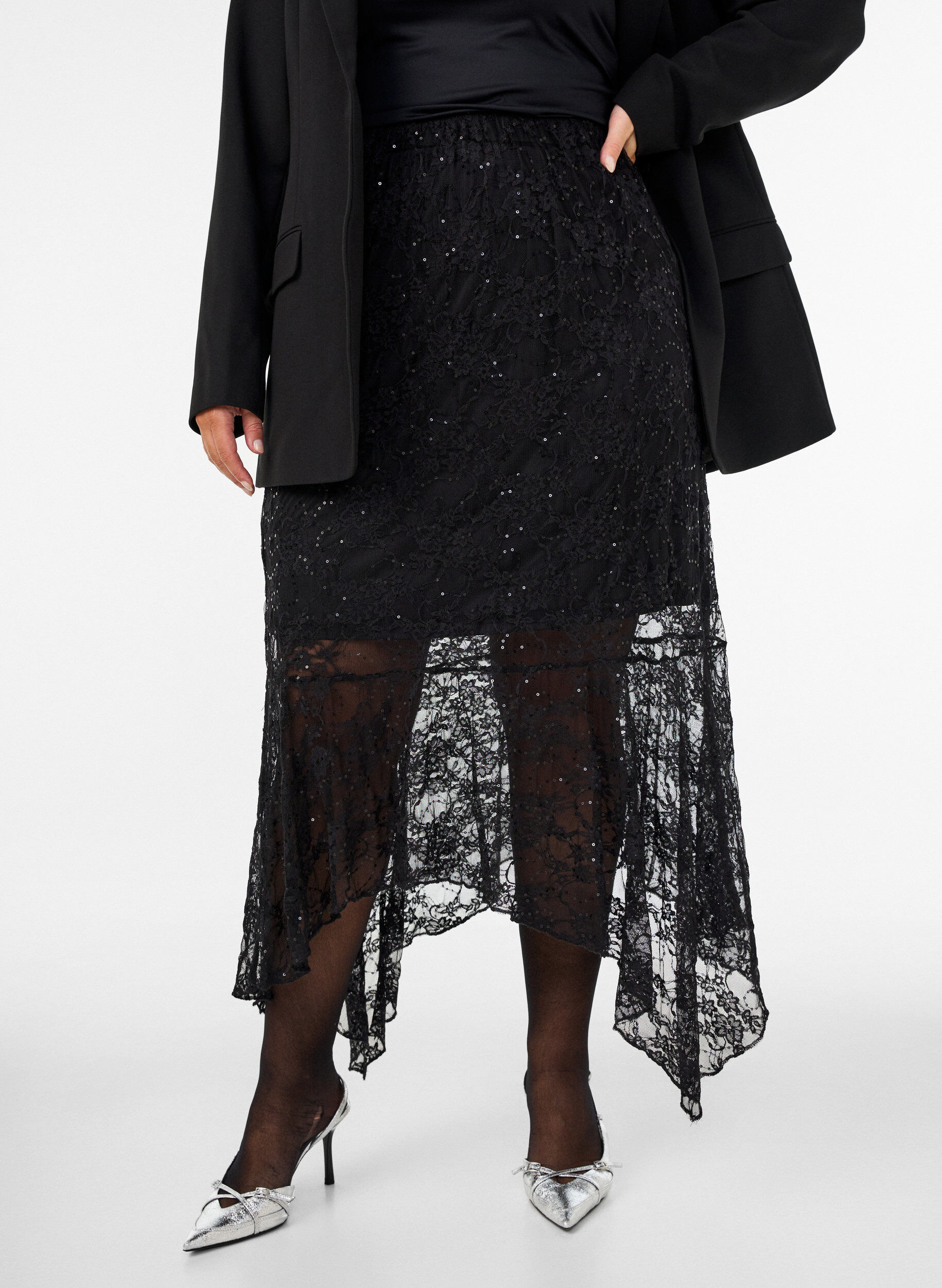 Jupe midi en dentelle avec sequins, Noir, Model
