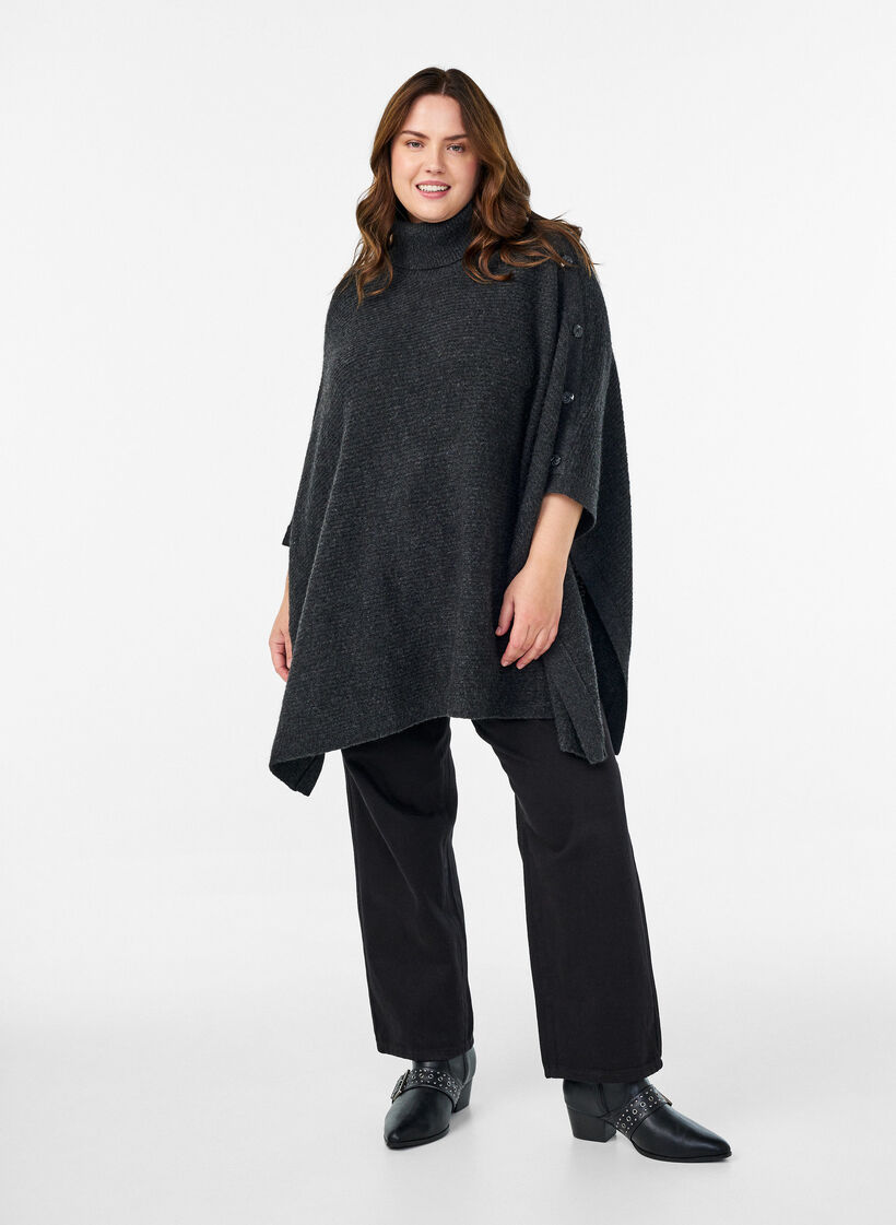 Poncho à col roulé avec détail boutonné, Gris anthracite, Model image number 1