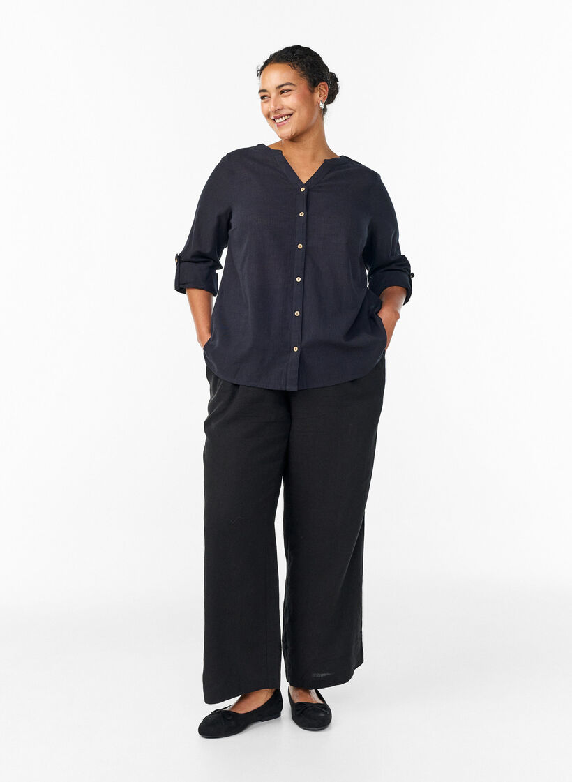 Chemisier en coton avec col en V, Noir, Model image number 1