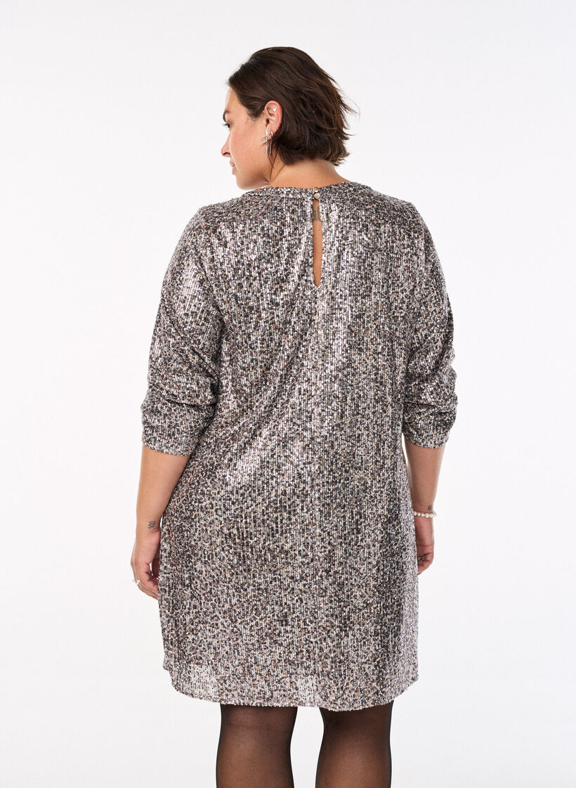 Robe courte à sequins à manches longues, Marron, Model image number 2