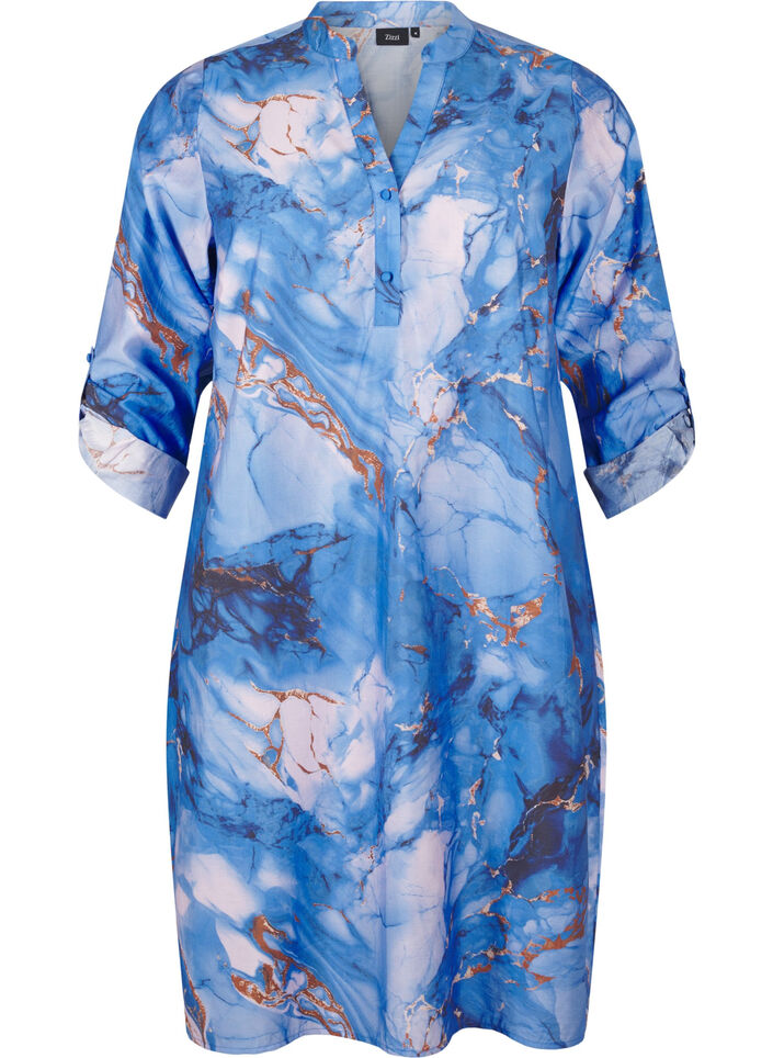 Robe chemise en viscose avec imprimé marbre, Palace Blue AOP, Packshot image number 0