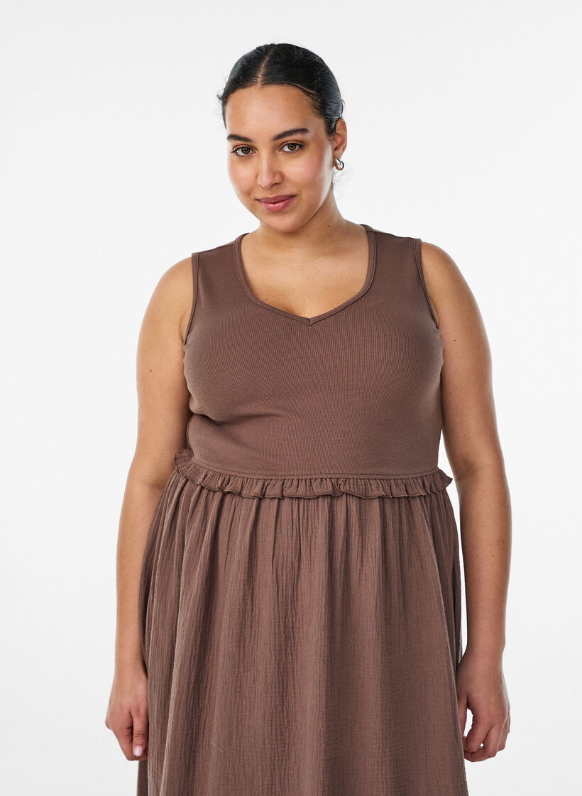 Robe midi sans manches en coton avec maille c&ocirc;tel&eacute;e et mousseline, Marron, Model image number 0