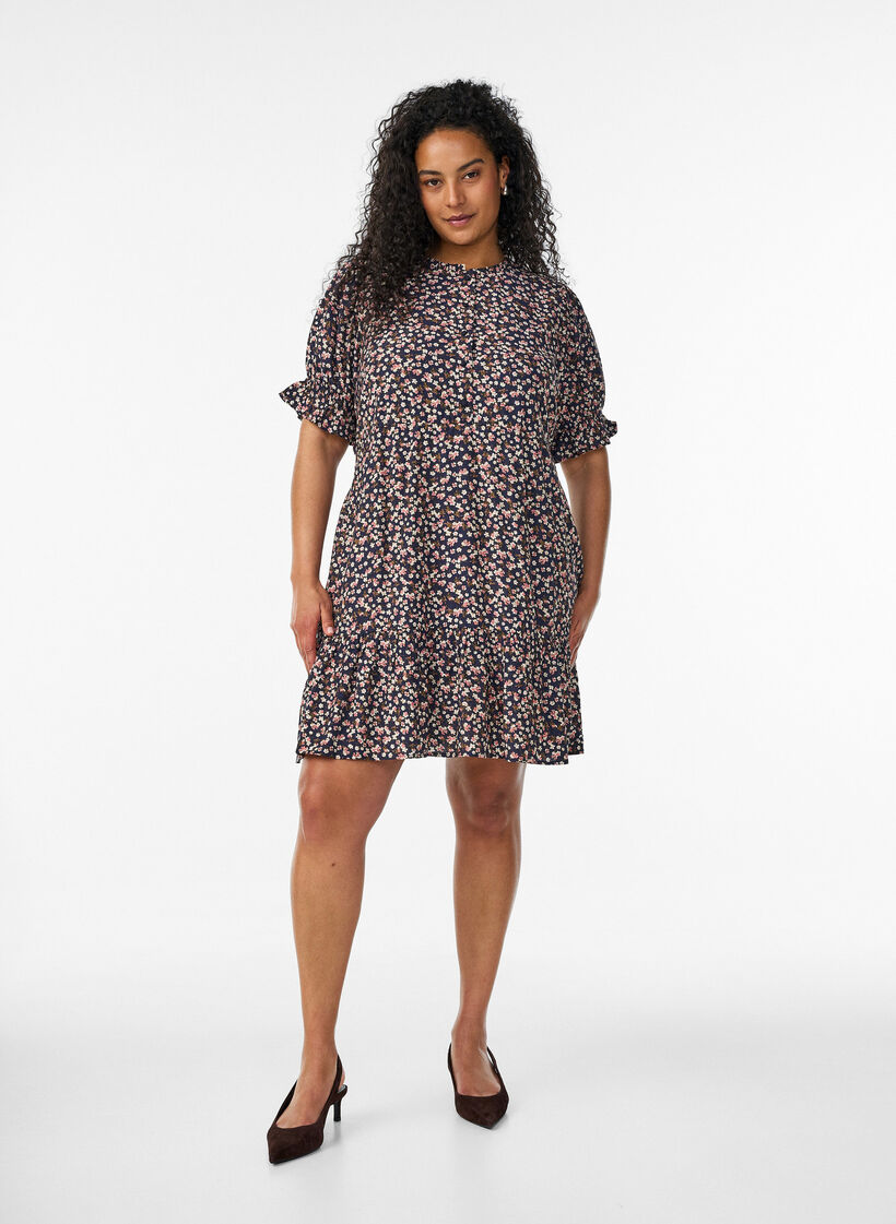 Robe courte en viscose avec volants, Bleu, Model image number 1