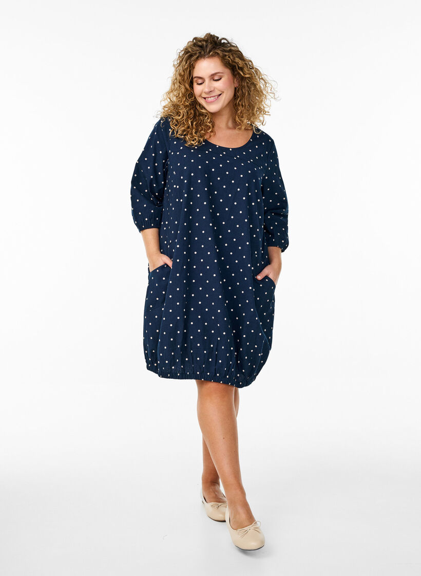 Robe courte en coton avec manches 3/4 et poches, Bleu, Model image number 1