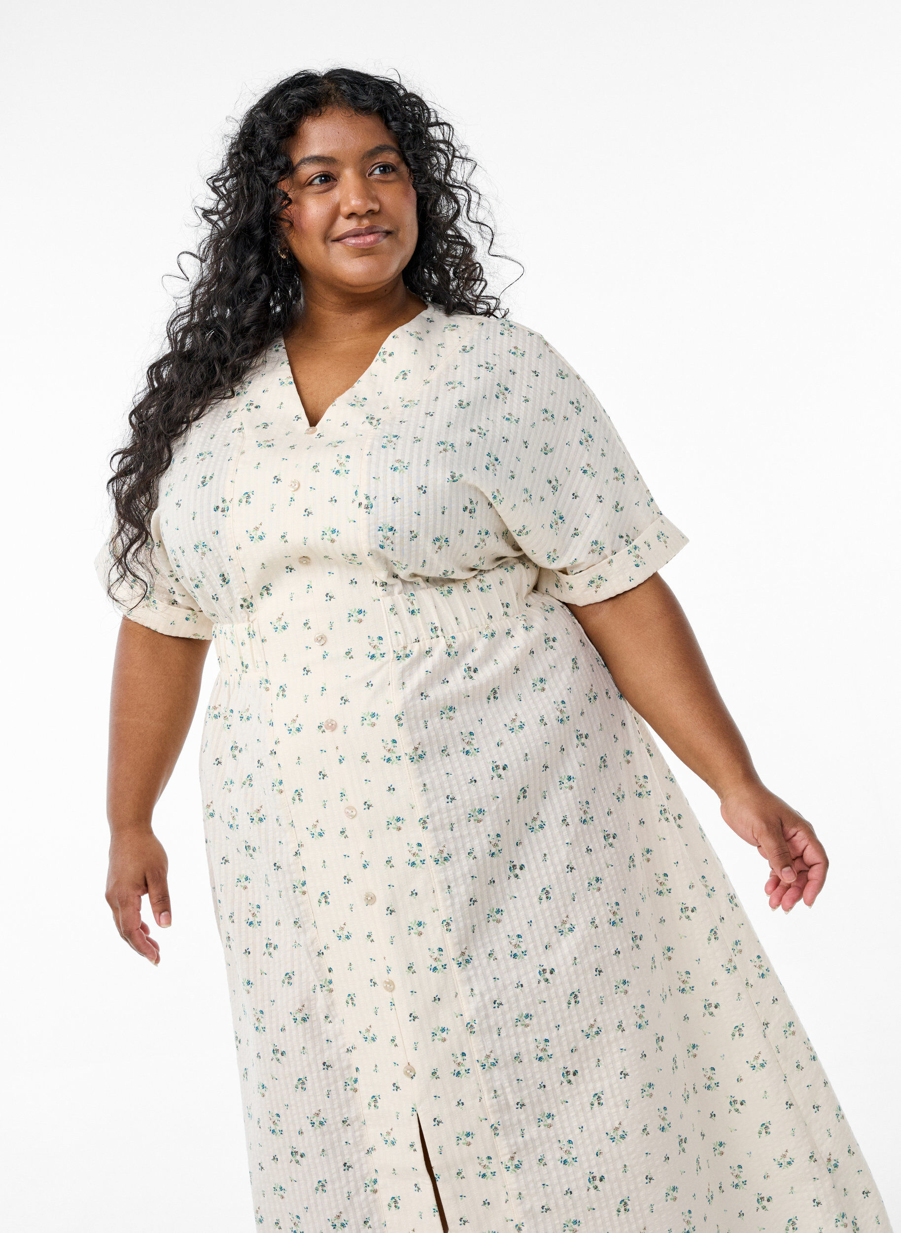 Zizzi Robe midi &agrave; manches courtes et fente sur le devant, Blanc, Model image number 2