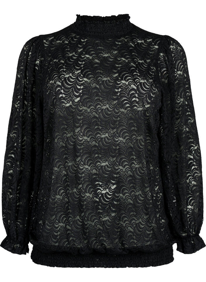 Blouse à manches longues en dentelle avec smocks, Black, Packshot image number 0