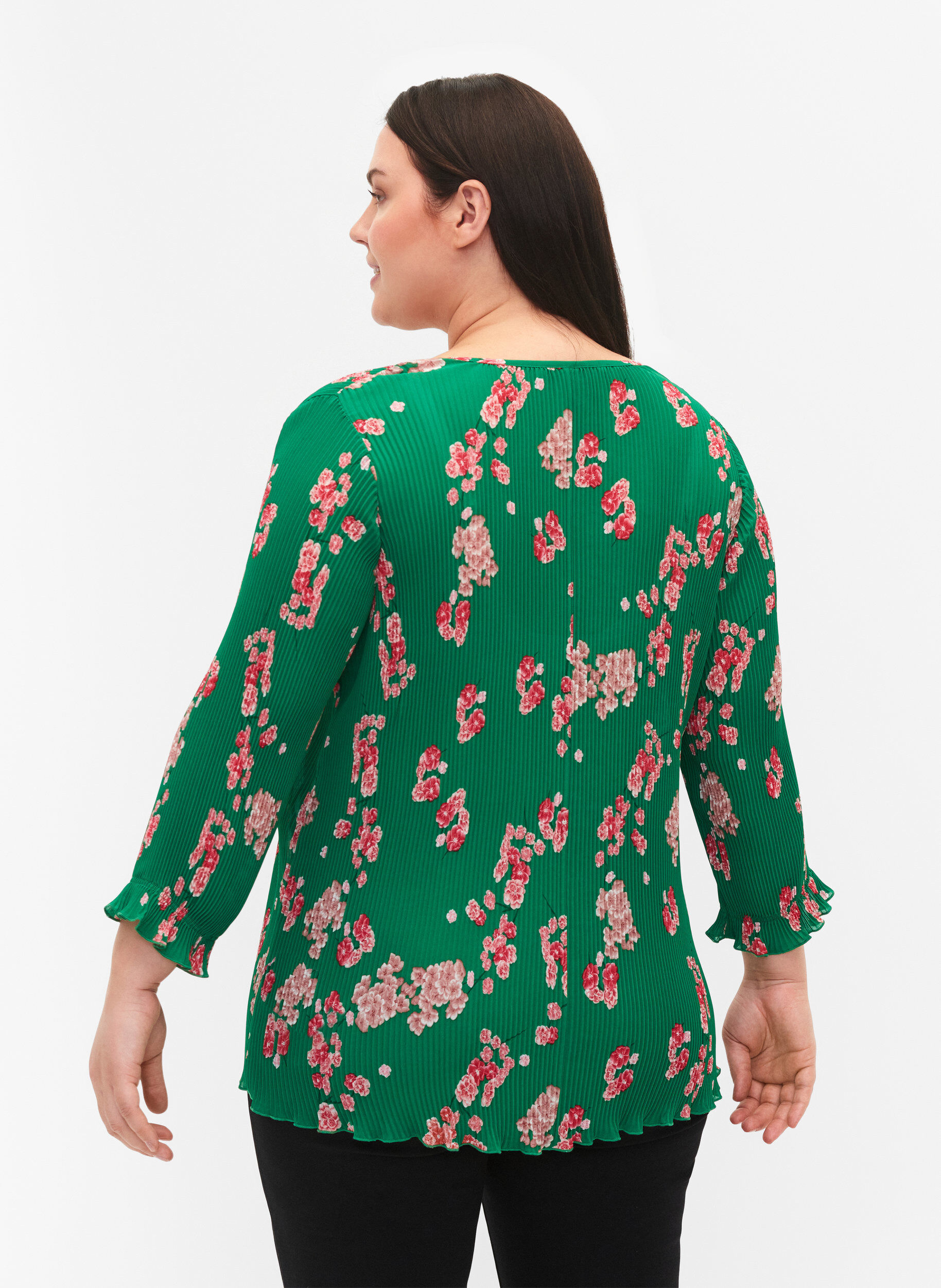 Zizzi Blouse pliss&eacute;e &agrave; manches 3/4, Jolly Green Flower, Model image number 1