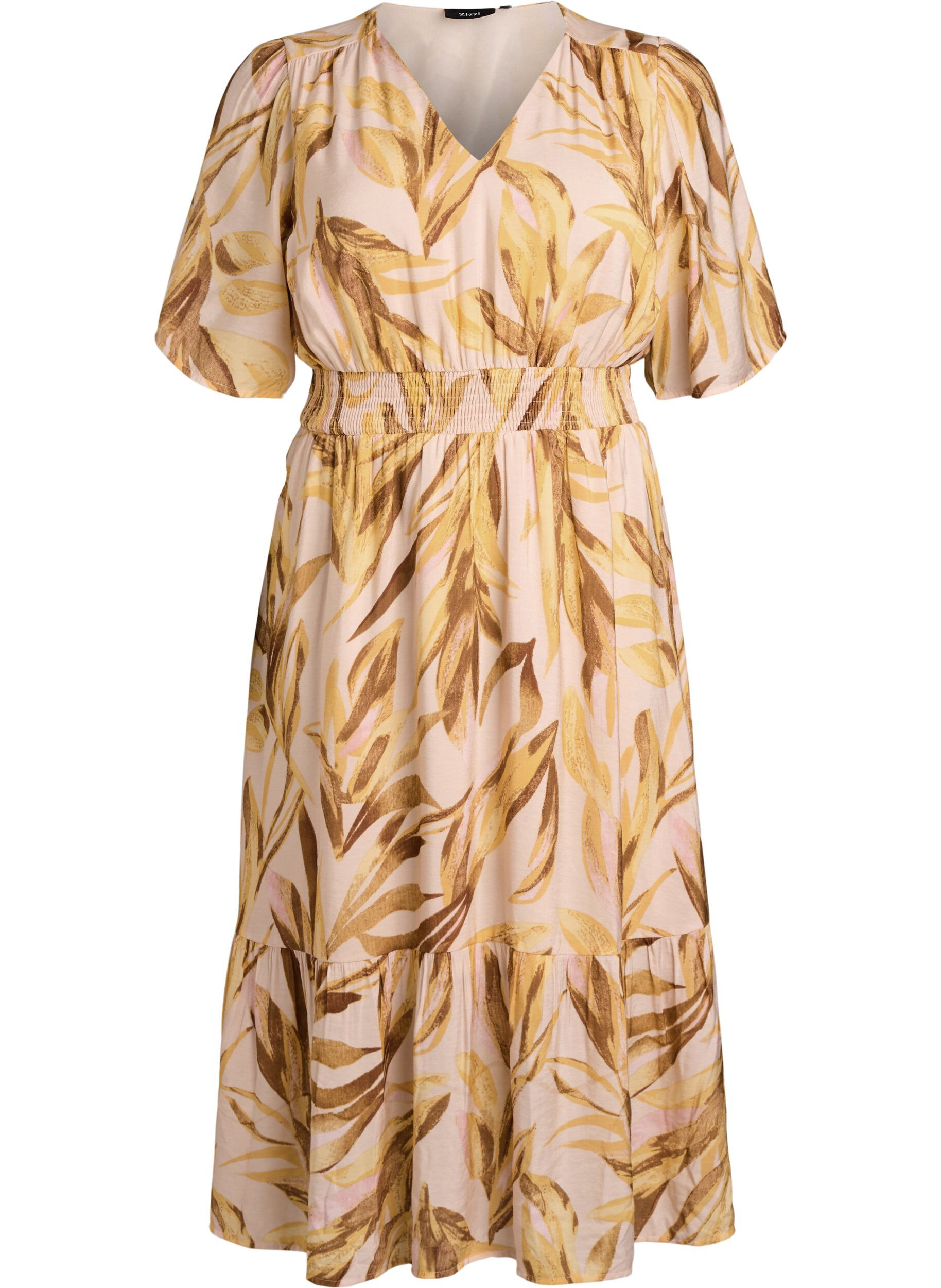 Robe midi en viscose &agrave; imprim&eacute; feuillage et taille smock&eacute;e