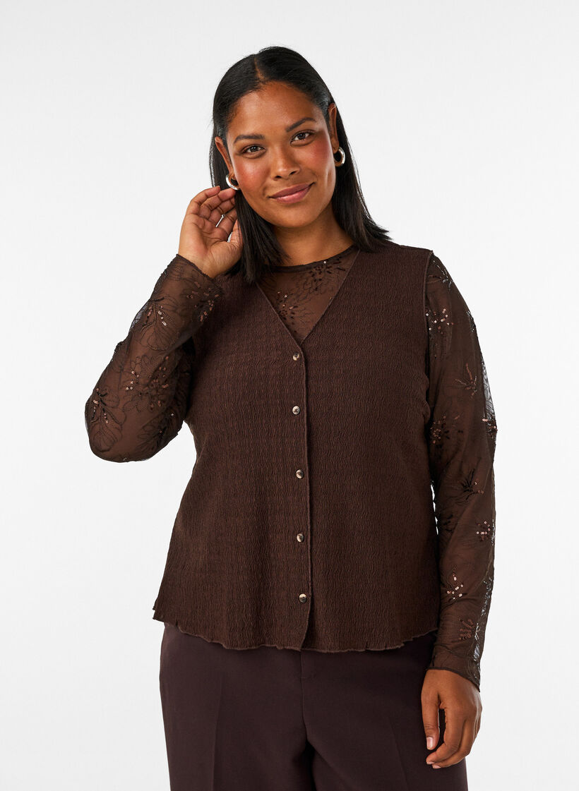 Blouse en mesh avec fleurs et sequins, Marron, Model image number 0