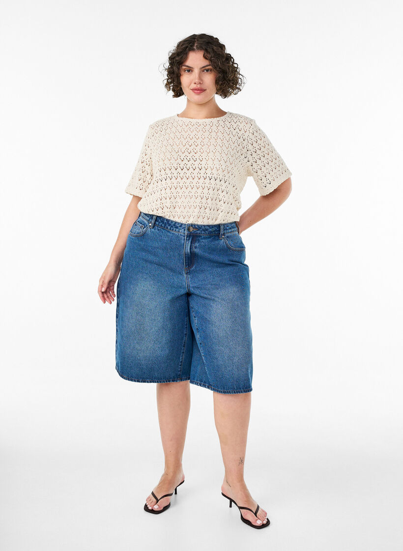 Blouse &agrave; manches courtes avec broderie ajour&eacute;e, Beige, Model image number 1