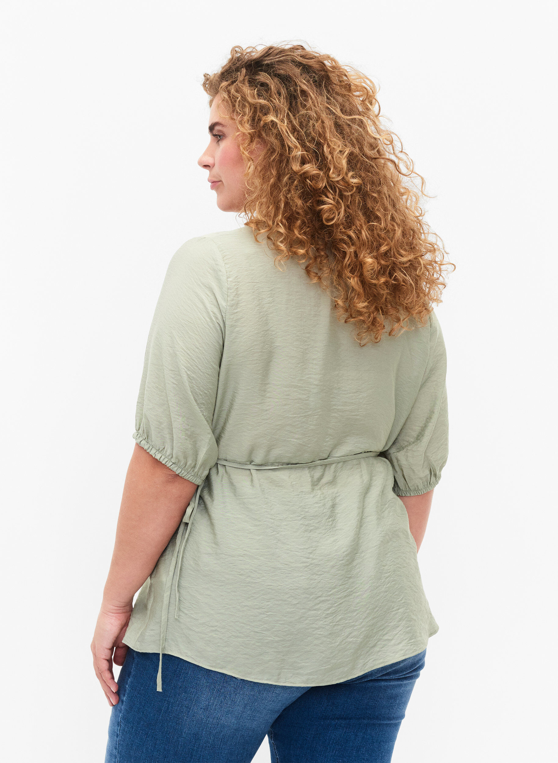 Zizzi Blouse cache-c&oelig;ur en viscose avec manches mi-longues, Seagrass , Model image number 1