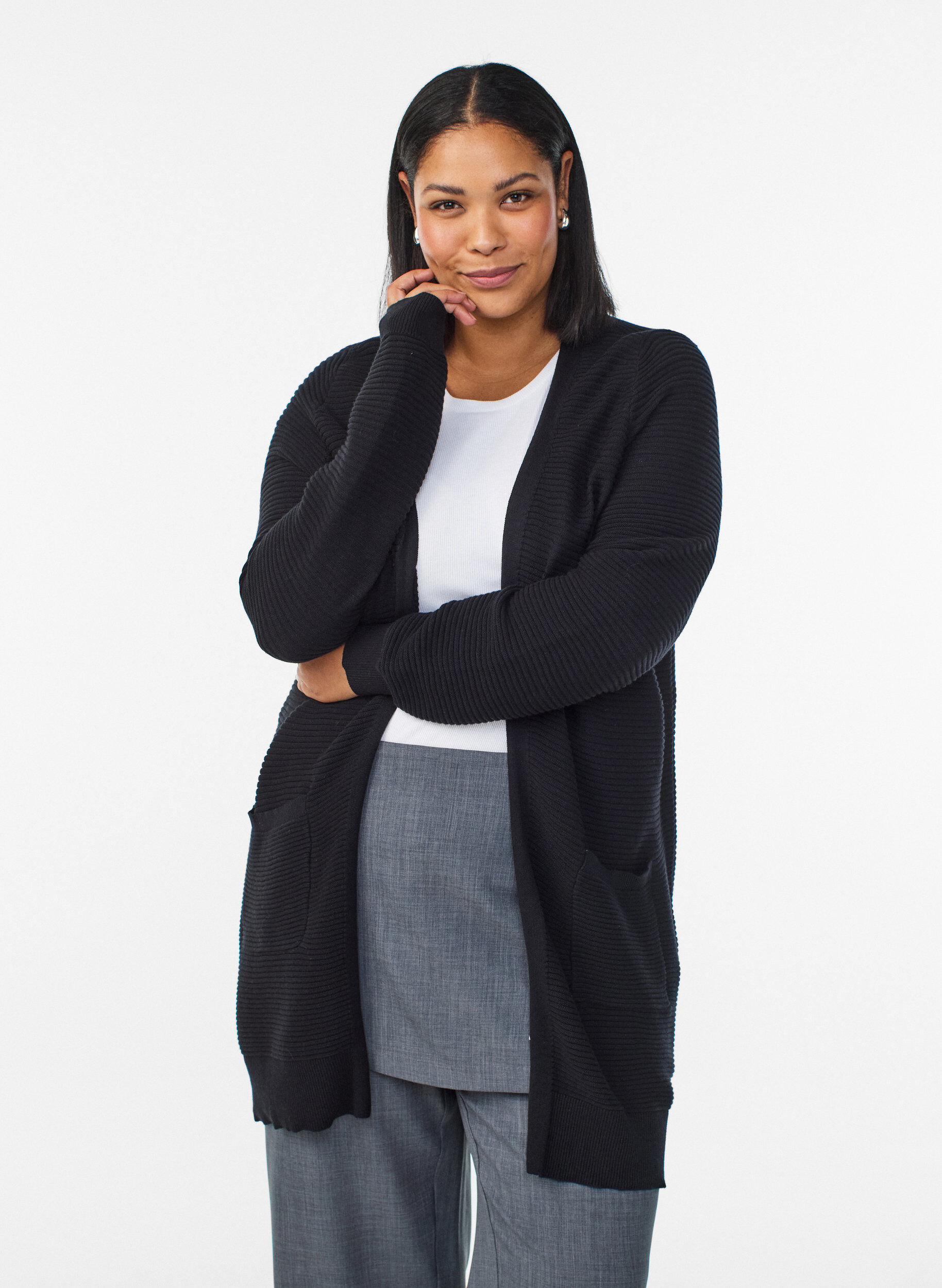 Zizzi Cardigan long c&ocirc;tel&eacute; en coton, Noir, Model image number 0