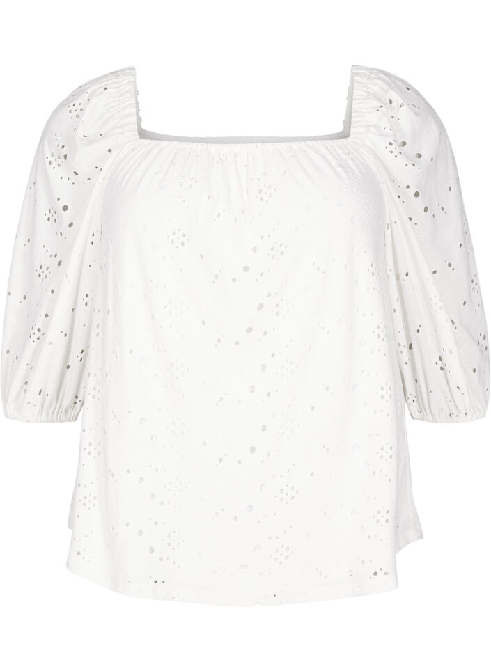 Blouse à manches courtes bouffantes et motif ajouré, Blanc, Packshot image number 0