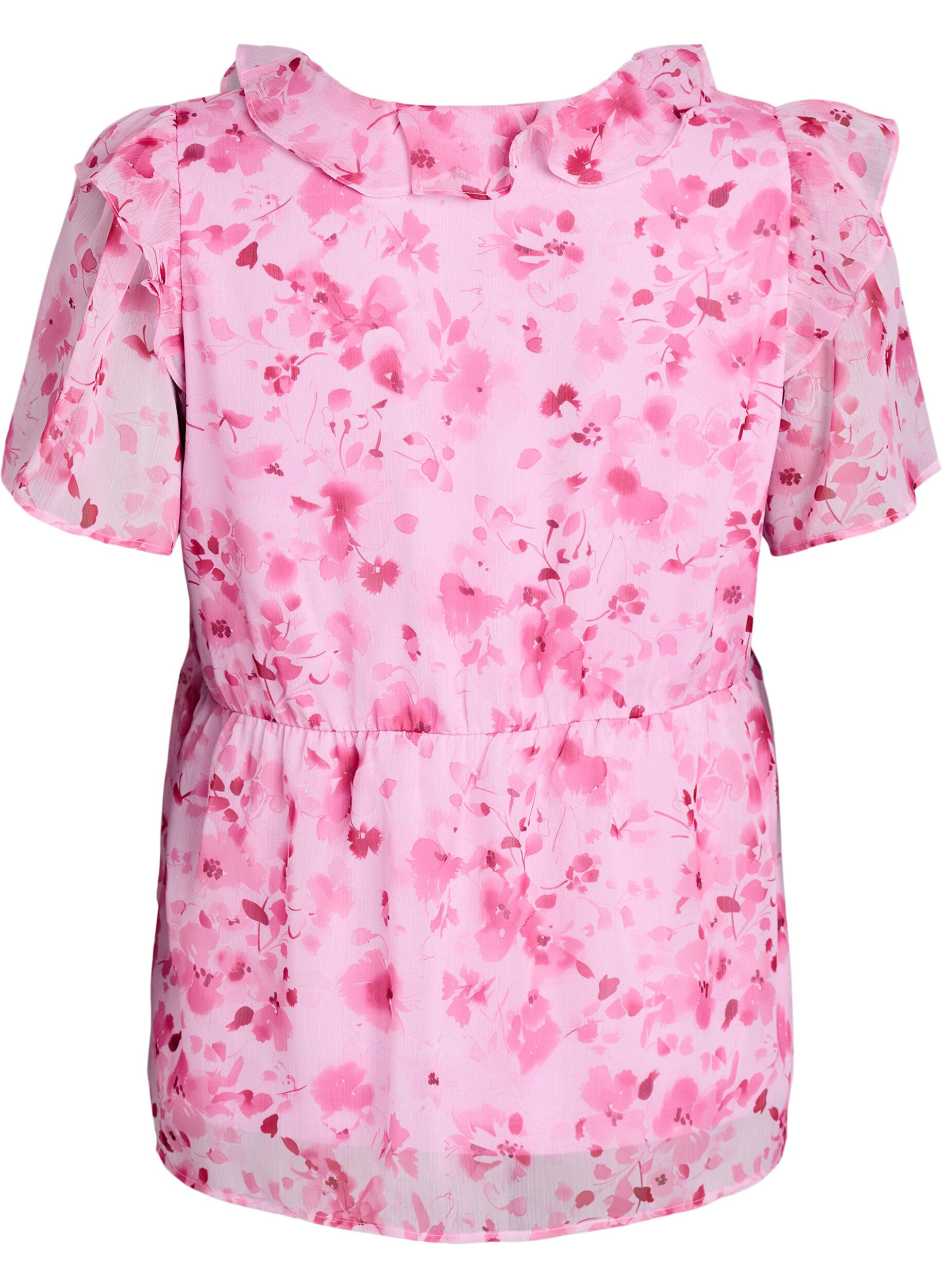 ZizziBlouse fleurie avec col &agrave; volants et effet peplum, Rose, Packshot image number 1