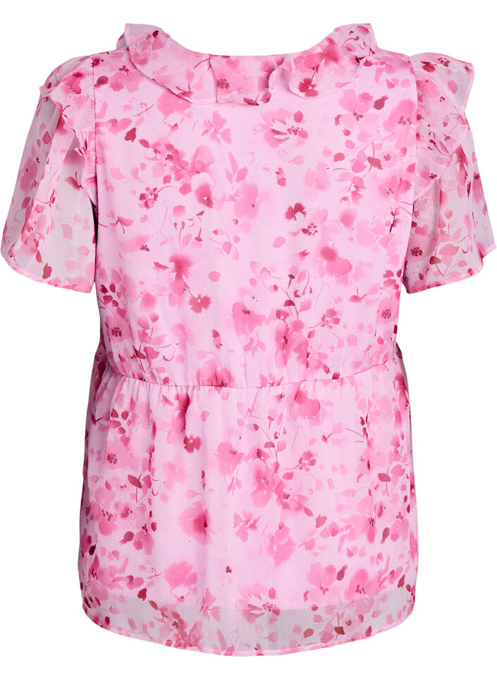 Blouse fleurie avec col &agrave; volants et effet peplum, Rose, Packshot image number 1
