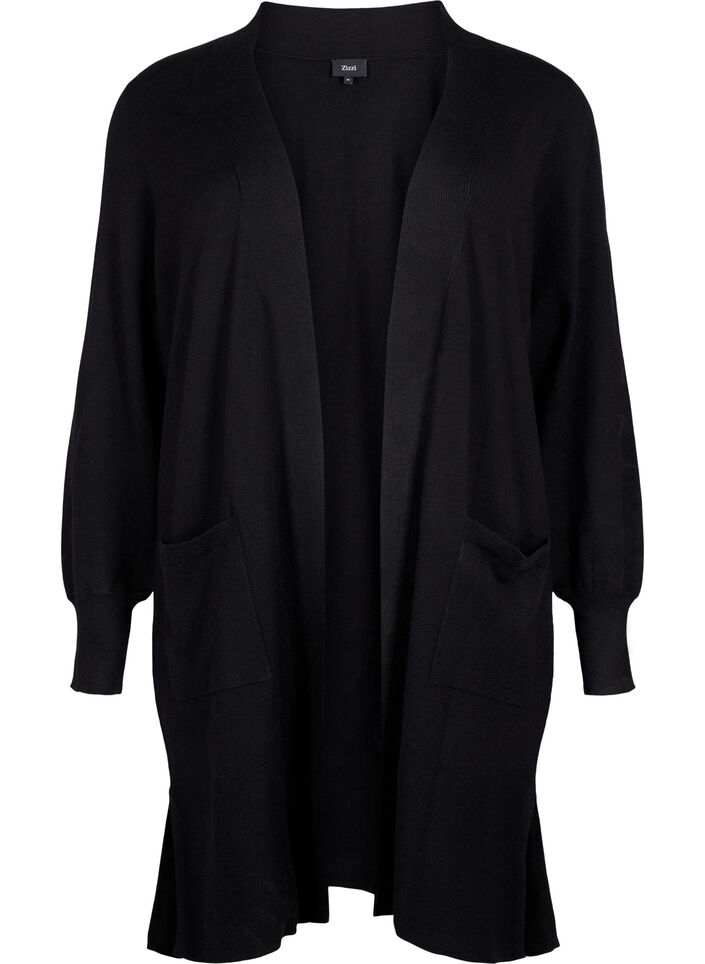 Long cardigan en tricot avec des poches, Black, Packshot image number 0