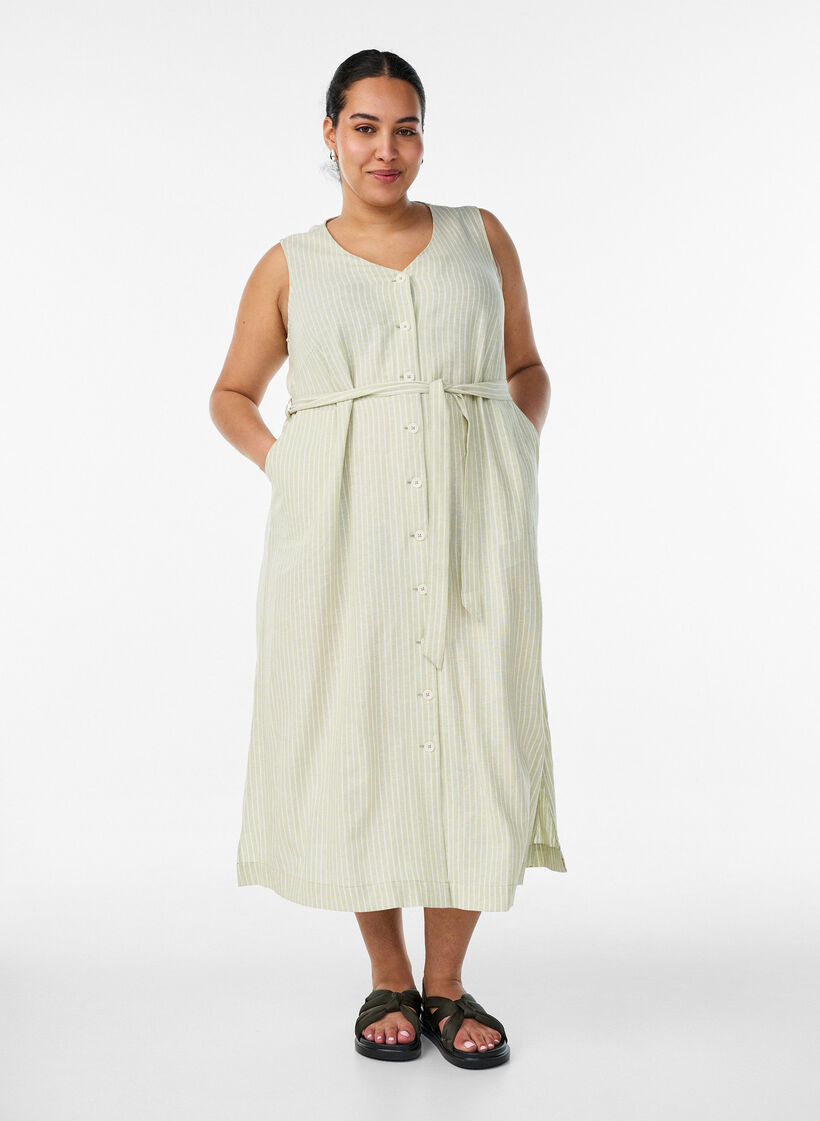 Robe midi sans manches &agrave; rayures en lin et viscose, Vert clair, Model image number 0
