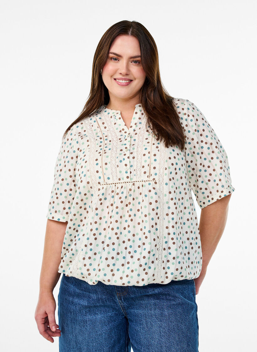 Blouse imprim&eacute;e &agrave; manches 1/2, Blanc, Model image number 0