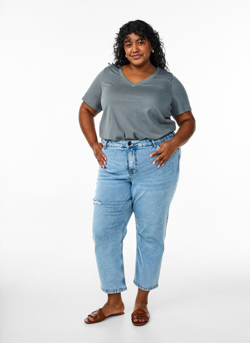 T-shirt en coton simple avec encolure en V, Vert foncé, Model image number 1