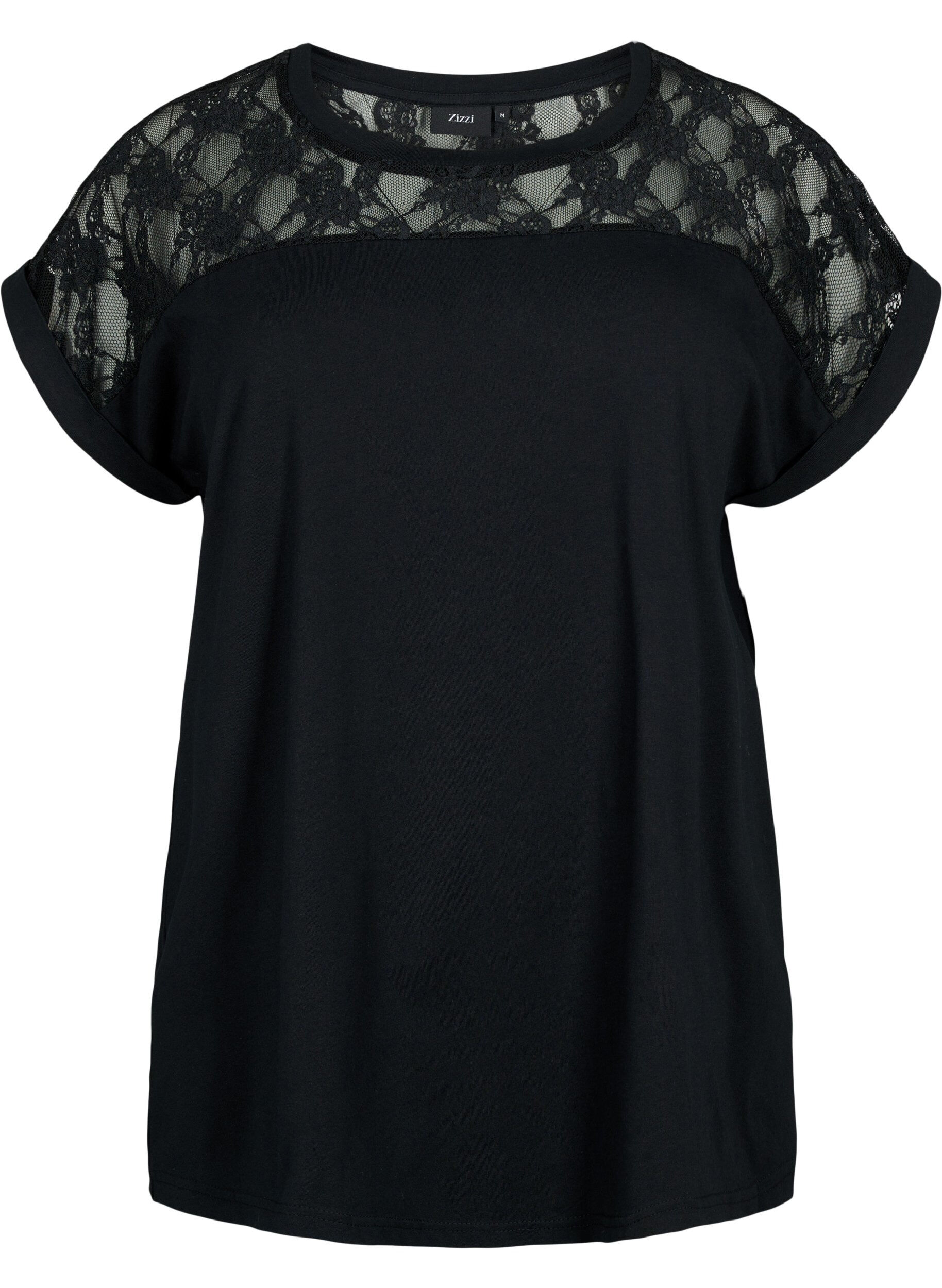 Zizzi T-shirt en coton &agrave; manches courtes avec dentelle, Black, Packshot image number 0