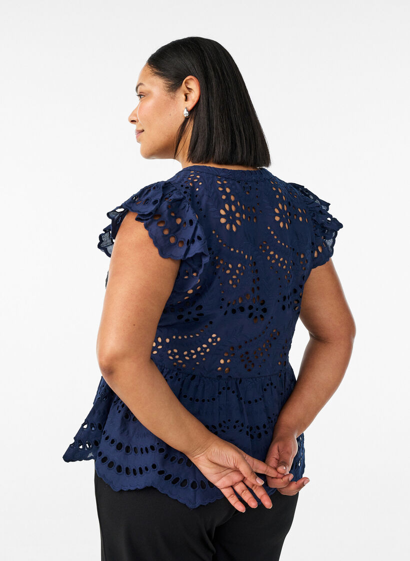 Blouse sans manches en broderie anglaise avec volants, Bleu, Model image number 2